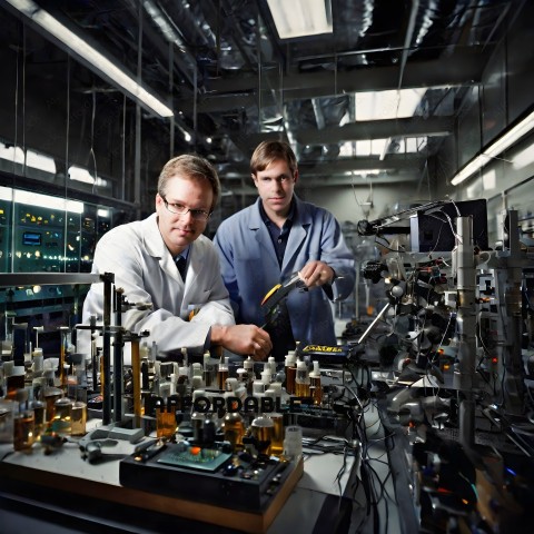 Two men in lab coats working on a project