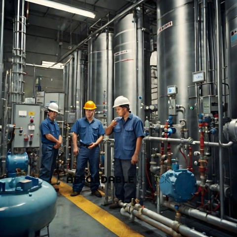 Three men in blue shirts and hard hats in a factory