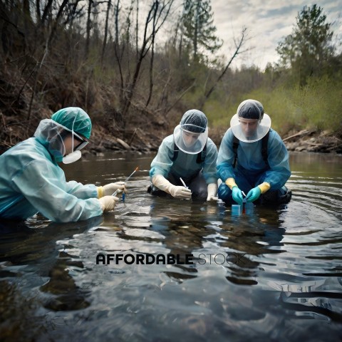 Three scientists in protective gear are in a river