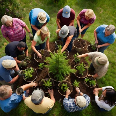 A group of people planting trees in a circle