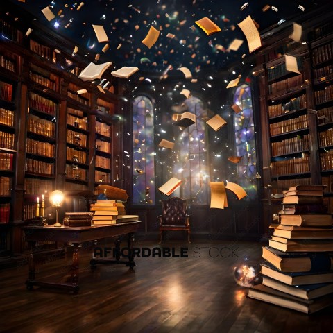 A room full of books and a lighted candle