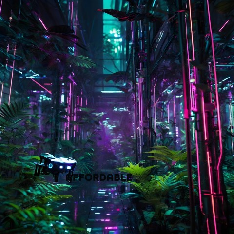 A robot in a futuristic jungle