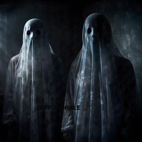 Two ghostly figures with long white ghostly robes