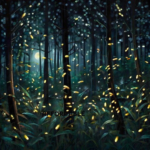 A forest with a moon and stars in the background