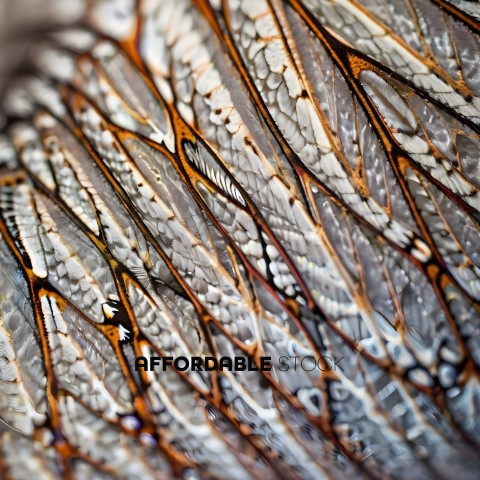 A close up of a butterfly wing with a pattern of orange and white