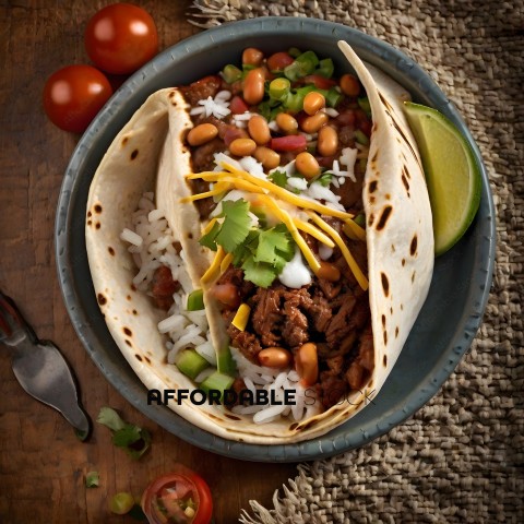 A delicious Mexican meal with rice, beans, and meat in a tortilla