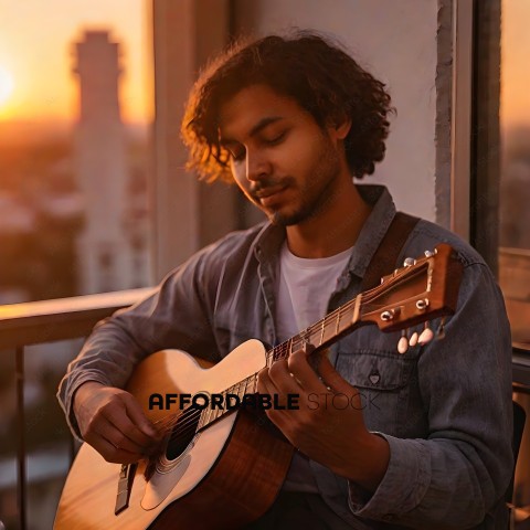 Man playing guitar on balcony at sunset