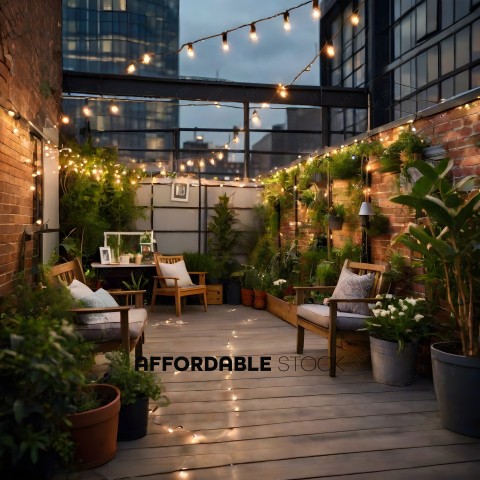 A rooftop patio with a city view