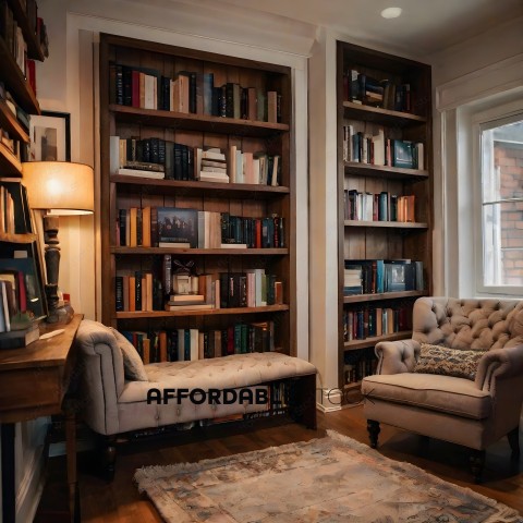 A cozy library with a bookshelf and a chair