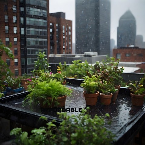 A view of a city from a rooftop with potted plants