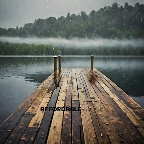 A wooden dock with rain falling on it