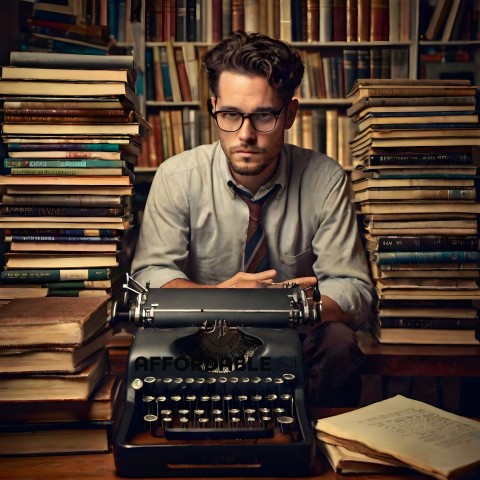 A man wearing glasses and a tie is sitting in front of a stack of books and a typewriter