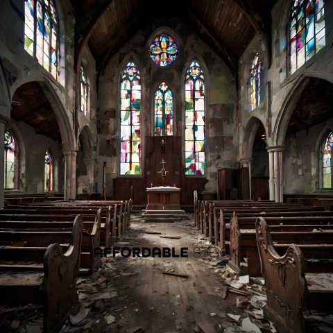 A church with a destroyed altar and pews