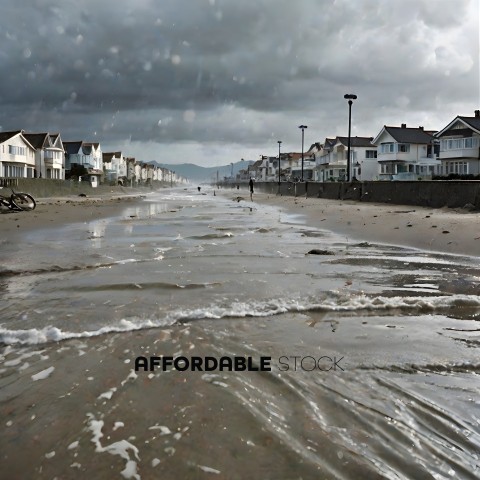 A stormy beach with houses in the background