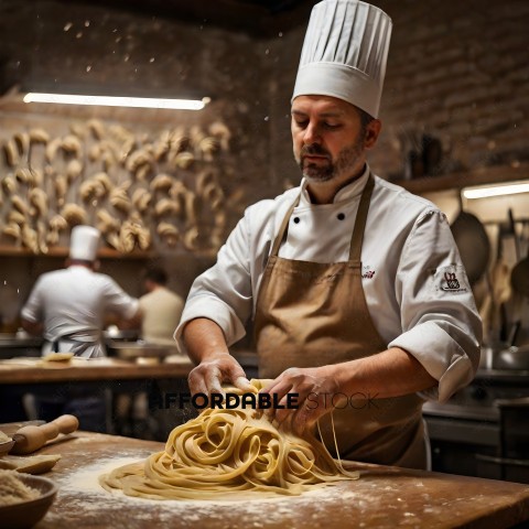 A chef making pasta in a kitchen
