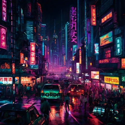 A busy city street at night with neon lights