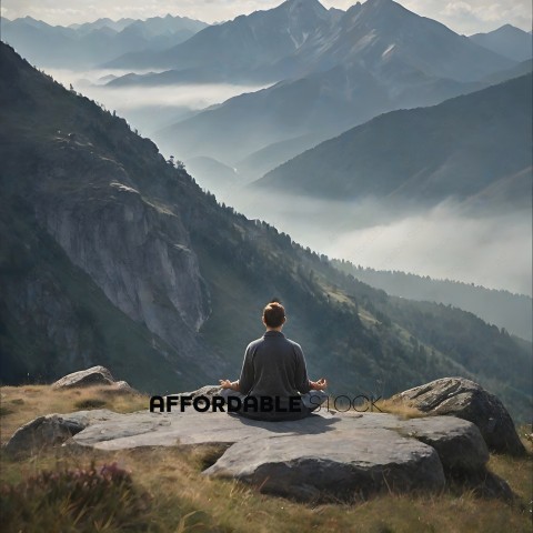 A person meditating on a rock overlooking a mountain range