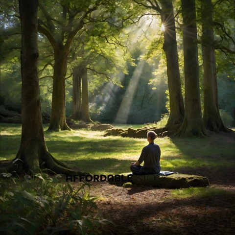 A man meditating in a forest clearing