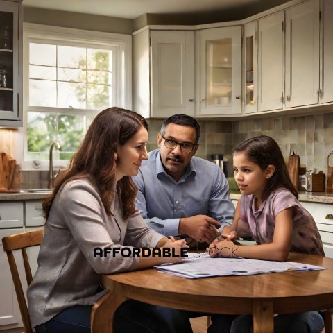 A family of three sitting at a table