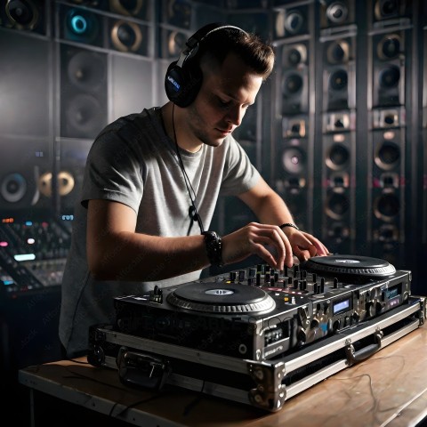 A man wearing headphones is operating a DJ console