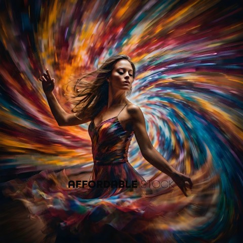 A woman in a colorful dress dances in front of a colorful background