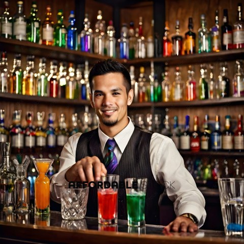Bartender in a bar with a variety of drinks
