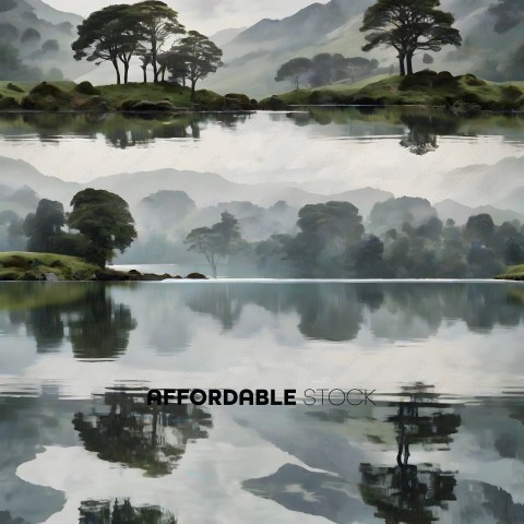 A painting of a mountain lake with trees and reflections