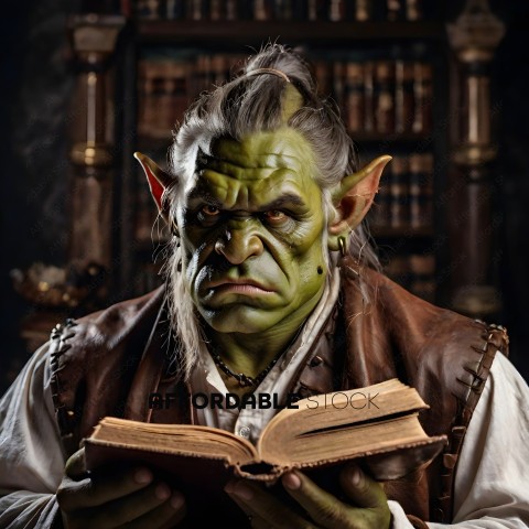 A man with a green face reading a book