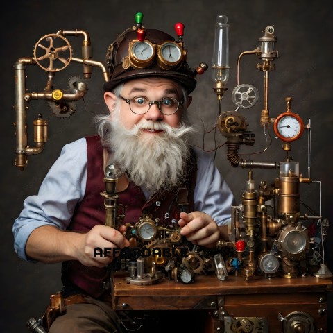 A man with a beard and glasses wearing a top hat and holding a contraption