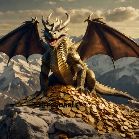 A dragon sits on a pile of gold coins
