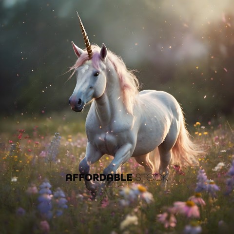 A white unicorn with a pink mane and tail running through a field of flowers