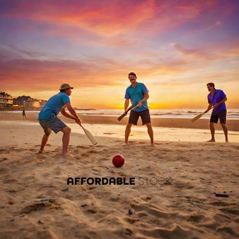 Three men playing cricket on the beach