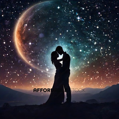 A couple kissing under a starry sky