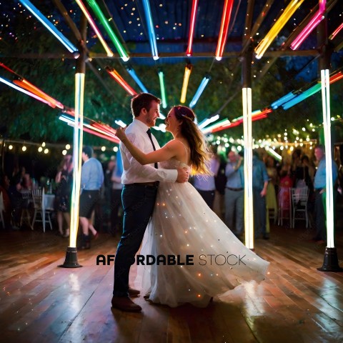 A Bride and Groom Dance Under Colorful Lights