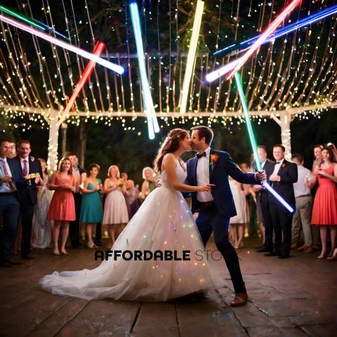 A Bride and Groom Kissing Under Lights