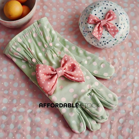 A pair of pink and white polka dot gloves