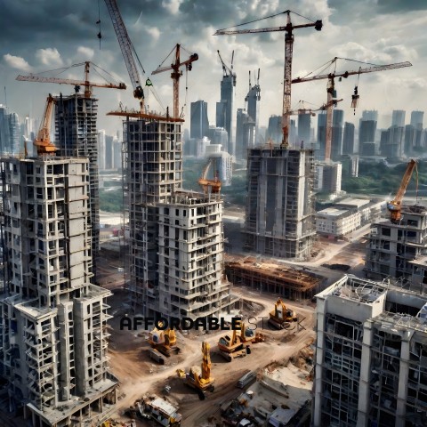 Construction site in a city with many cranes and workers