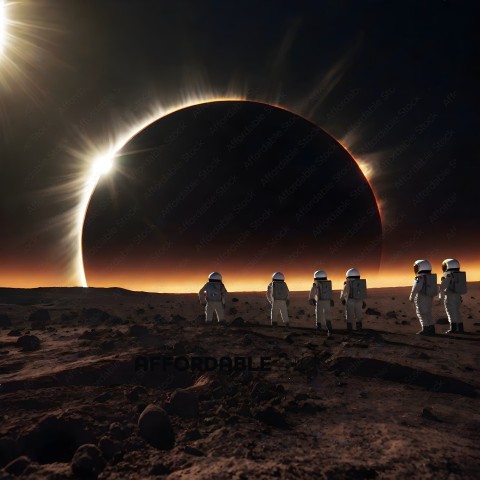 Astronauts on the moon with the sun in the background