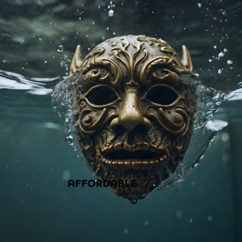 A golden mask with a face in the water