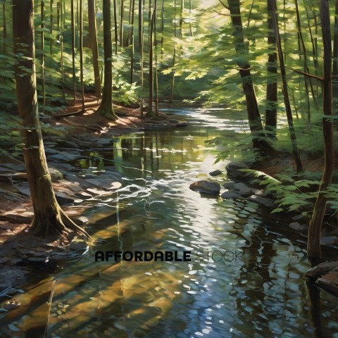 A serene forest scene with a stream and sunlight