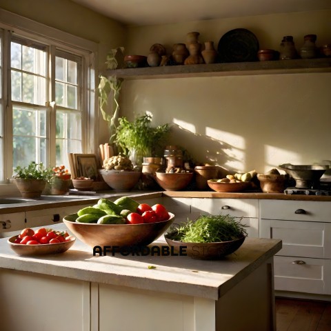 A kitchen with a counter full of vegetables