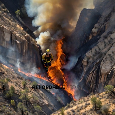 Firefighter in a burning canyon