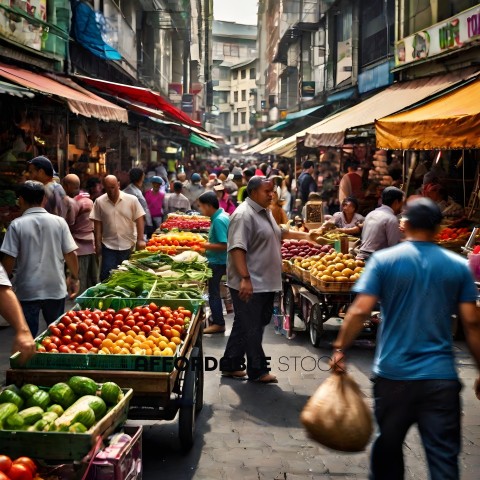A busy marketplace with people shopping for fruits and vegetables