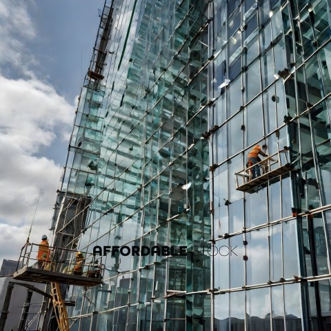 Construction workers on scaffolding working on a glass building