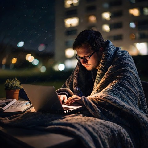 Man in a blanket using a laptop