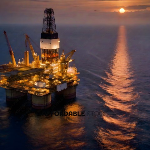 A large oil rig with a sunset in the background