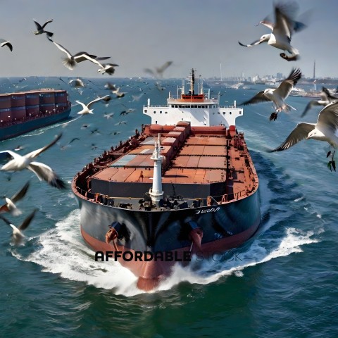 A large ship with birds flying around it