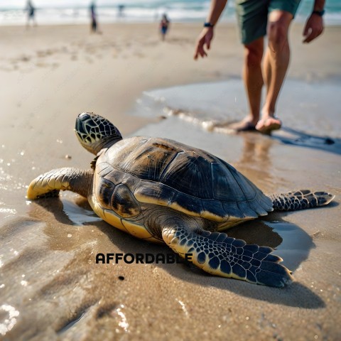 A turtle on the beach with a man standing behind it