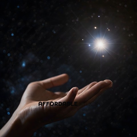 A person's hand is reaching out towards a bright light