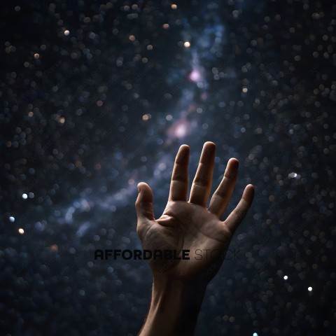 A hand is raised up in the air with stars in the background